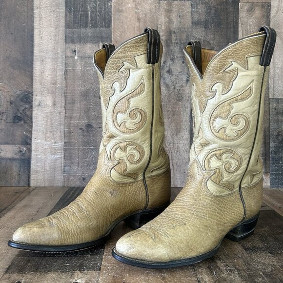 Tony Lama Vintage Bullhide Leather Inlay Cowboy Boots Mens 12 D - Picture 2 of 12